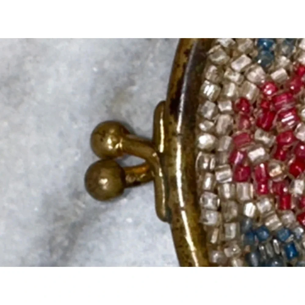 Antique Micro Beaded Coin Purse Red White Blue Kiss Lock Small Pouch 3x3.25in